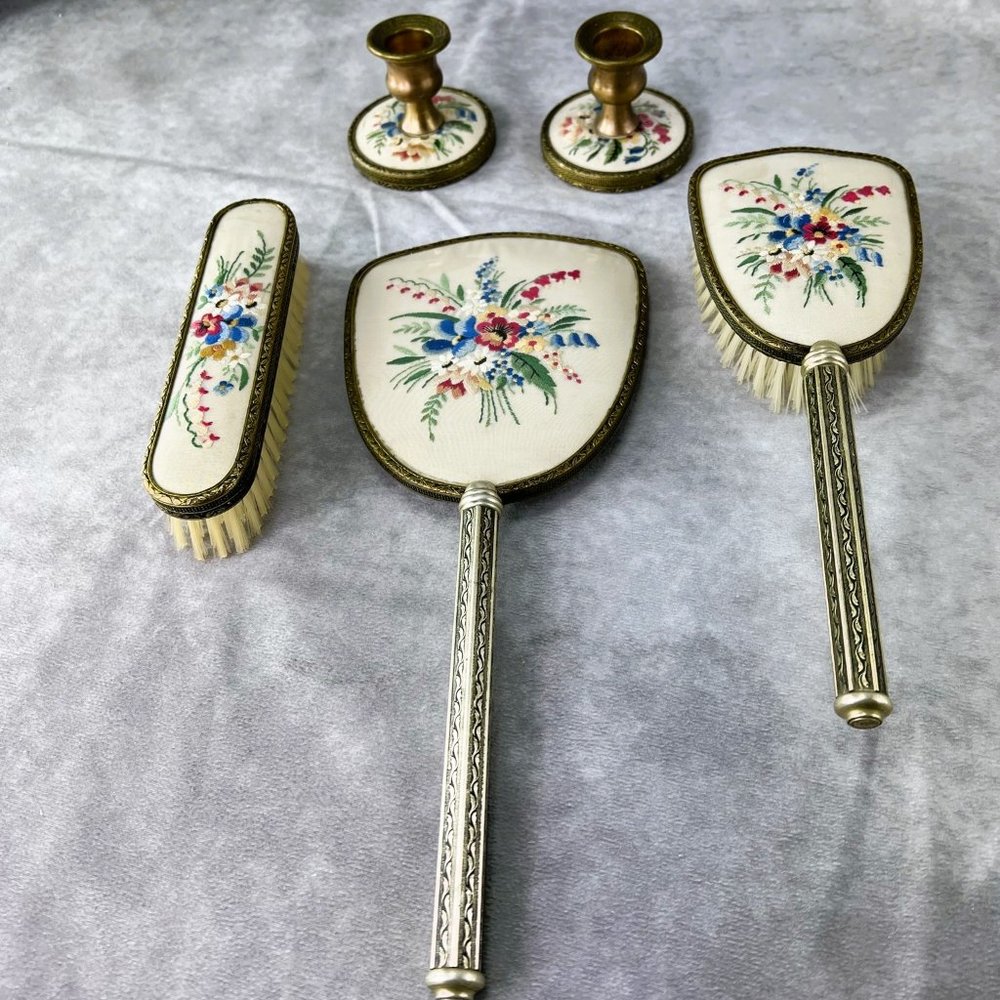 Vintage 1950s Embroidered Floral Vanity Set - Made in England